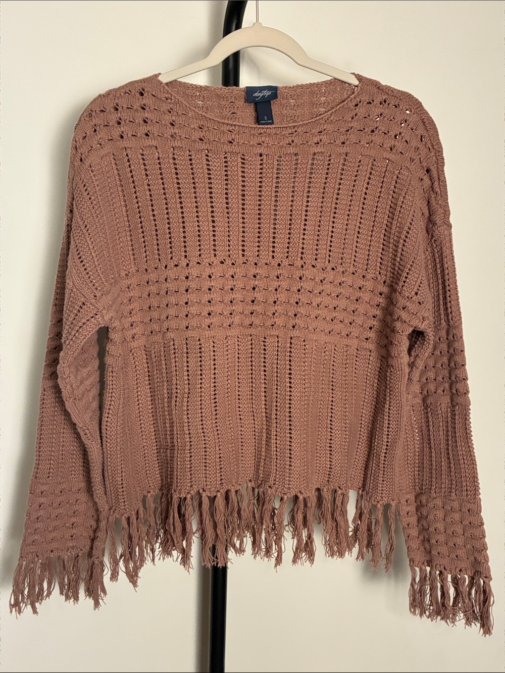 DAYTRIP Brown Crochet Sweater Fringe Long Sleeve Pullover Cotton Acrylic Small